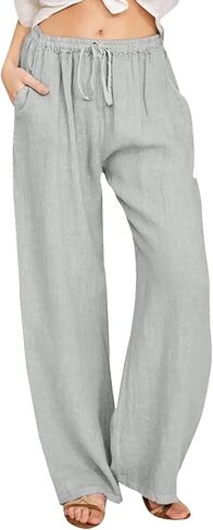 Cotton Linen Pants for Women 2026,Summer Wide Leg Plus Size High Waist Flowy Lounge Palazzo Pant Beach Resort Wear in Kuwait