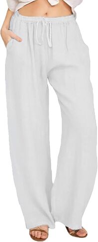 Cotton Linen Pants for Women 2026,Summer Wide Leg Plus Size High Waist Flowy Lounge Palazzo Pant Beach Resort Wear in Kuwait