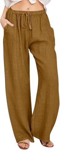 Cotton Linen Pants for Women 2026,Summer Wide Leg Plus Size High Waist Flowy Lounge Palazzo Pant Beach Resort Wear in Kuwait