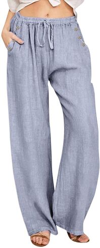 Cotton Linen Pants for Women 2026,Summer Wide Leg Plus Size High Waist Flowy Lounge Palazzo Pant Beach Resort Wear in Kuwait