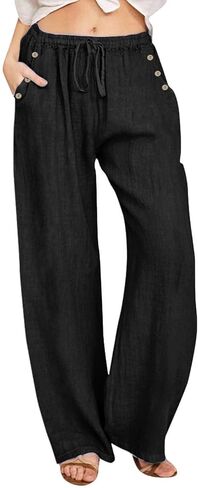 Cotton Linen Pants for Women 2026,Summer Wide Leg Plus Size High Waist Flowy Lounge Palazzo Pant Beach Resort Wear in Kuwait