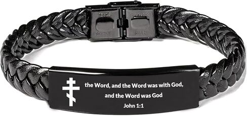 Orthodox Cross Christian Stainless Steel Bracelet - Personalized Engraved Jesus Prayer Jewelry, Adjustable John 1:1 Orthodox Easter Cuff for Baptism Gifts or Monastery or Prodigal Son gifts in Kuwait
