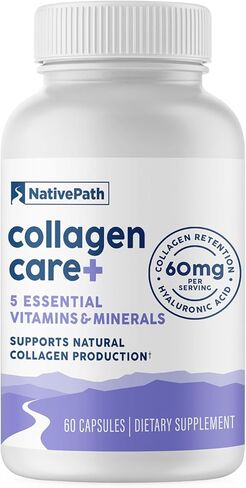 NativePath Collagen Care+، مزيج من 5 فيتامينات مع حمض الهيالورونيك والبورون الذي يدعم الكولاجين للرجال والنساء، 60 كبسولة in Kuwait