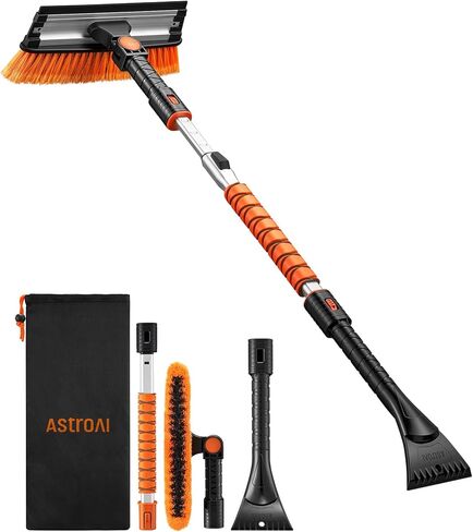 AstroAI 47.2" Ice Scrapers for Car Windshield, 3 in 1 Sturdy Snow Brush with Squeegee, 10 Adjustable Length Settings, Extendable Aluminum Handle, 180° Pivoting Snow Scraper for Car, Truck, SUV(Orange) in Kuwait