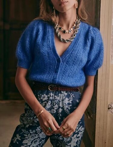 Bianstore Women's Puff Short Sleeve Sweater Casual V Neck Cardigan Tops Ribbed Knit Button Down Shirts(Blue-M) in Kuwait