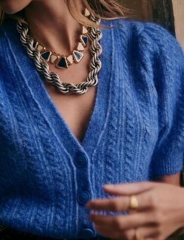 Bianstore Women's Puff Short Sleeve Sweater Casual V Neck Cardigan Tops Ribbed Knit Button Down Shirts(Blue-M) in Kuwait