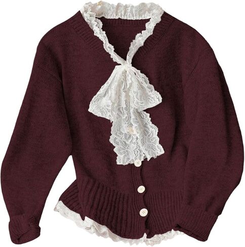 Women's Lace Trim Bowknot Cardigans Long Sleeve Button Cardigan Fall Sweaters in Saudi Arabia