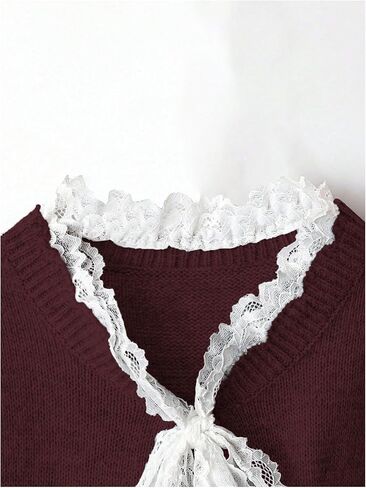 Women's Lace Trim Bowknot Cardigans Long Sleeve Button Cardigan Fall Sweaters in Saudi Arabia
