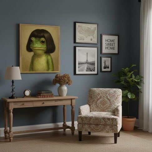 Framed Funny Frog Portrait Canvas Wall Art Surreal Animal Picture Painting Wall Decor Whimsical Frog Poster Print Artwork for Living Room Bedroom Kitchen Home Decoration in Saudi Arabia