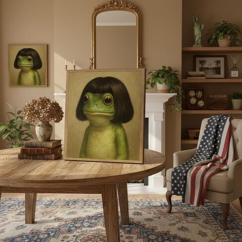 Framed Funny Frog Portrait Canvas Wall Art Surreal Animal Picture Painting Wall Decor Whimsical Frog Poster Print Artwork for Living Room Bedroom Kitchen Home Decoration in Saudi Arabia