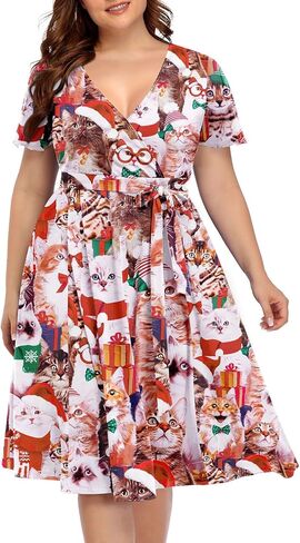 Pinup Fashion Women Plus Size Christmas Dress — Ugly Xmas Print Holiday Funny 2024 Wrap V-Neck Fall Midi Dresses in Kuwait