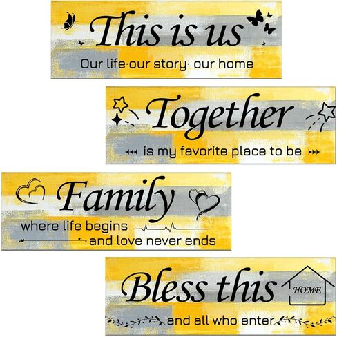 Lnond 4 Pieces Yellow Abstract Living Room Wall Decor, Motivational Home Family Rustic Wall Art Decor for Bedroom Living Room, Rustic Wooden Farmhouse Home Decor, 12 x 4 Inch in Saudi Arabia