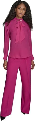 BCBG Women's Long Sleeve Tie Neck Mixed Media Woven Blouse in Kuwait