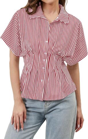 قمصان نسائية مخططة بأزرار سفلية وأكمام قصيرة وقمصان بيبلوم أنيقة كاجوال وطية صدر السترة، بلوزة صيفية للعمل، أحمر أبيض، متوسط in Kuwait