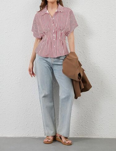 قمصان نسائية مخططة بأزرار سفلية وأكمام قصيرة وقمصان بيبلوم أنيقة كاجوال وطية صدر السترة، بلوزة صيفية للعمل، أحمر أبيض، متوسط in Kuwait