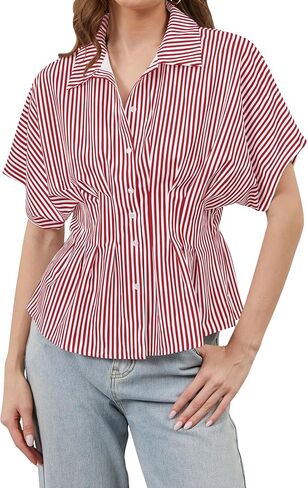 قمصان نسائية مخططة بأزرار سفلية وأكمام قصيرة وقمصان بيبلوم أنيقة كاجوال وطية صدر السترة، بلوزة صيفية للعمل، أحمر أبيض، متوسط in Kuwait