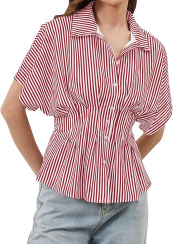 قمصان نسائية مخططة بأزرار سفلية وأكمام قصيرة وقمصان بيبلوم أنيقة كاجوال وطية صدر السترة، بلوزة صيفية للعمل، أحمر أبيض، متوسط in Kuwait