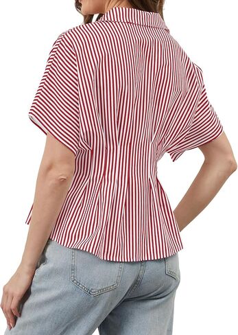 قمصان نسائية مخططة بأزرار سفلية وأكمام قصيرة وقمصان بيبلوم أنيقة كاجوال وطية صدر السترة، بلوزة صيفية للعمل، أحمر أبيض، متوسط in Kuwait