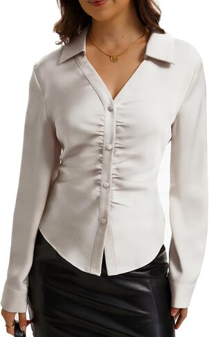 Satin Silk Button Down Shirts for Women Long Sleeve Blouses in Kuwait