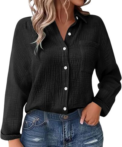 JOFOW Women's Linen Shirts Summer Cotton Linen V Neck Long Sleeve Loose Fit Gauze Button Down Shirt in Saudi Arabia