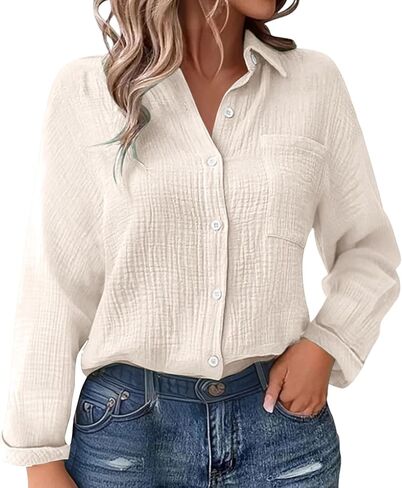 JOFOW Women's Linen Shirts Summer Cotton Linen V Neck Long Sleeve Loose Fit Gauze Button Down Shirt in Saudi Arabia