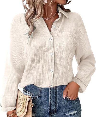 JOFOW Women's Linen Shirts Summer Cotton Linen V Neck Long Sleeve Loose Fit Gauze Button Down Shirt in Saudi Arabia