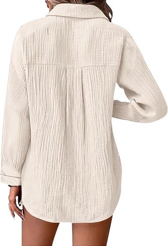 JOFOW Women's Linen Shirts Summer Cotton Linen V Neck Long Sleeve Loose Fit Gauze Button Down Shirt in Saudi Arabia