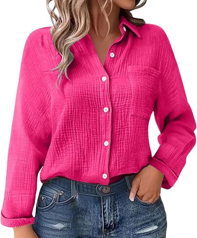 JOFOW Women's Linen Shirts Summer Cotton Linen V Neck Long Sleeve Loose Fit Gauze Button Down Shirt in Saudi Arabia