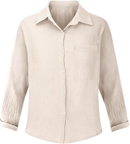 JOFOW Women's Linen Shirts Summer Cotton Linen V Neck Long Sleeve Loose Fit Gauze Button Down Shirt in Saudi Arabia