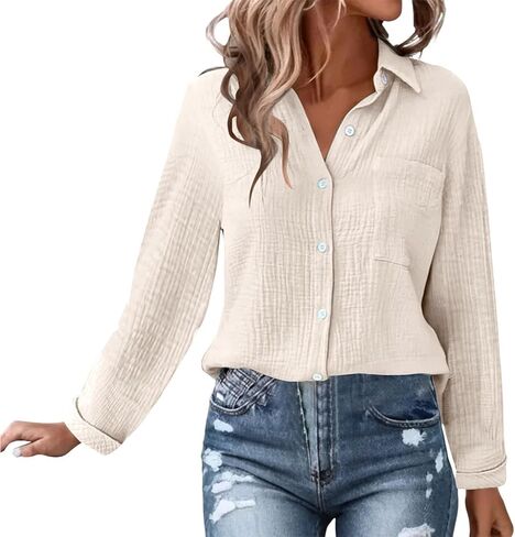 JOFOW Women's Linen Shirts Summer Cotton Linen V Neck Long Sleeve Loose Fit Gauze Button Down Shirt in Saudi Arabia