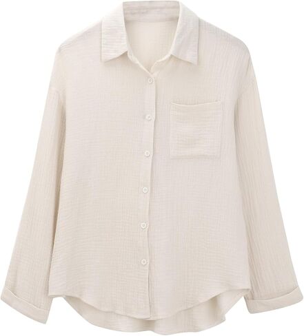 JOFOW Women's Linen Shirts Summer Cotton Linen V Neck Long Sleeve Loose Fit Gauze Button Down Shirt in Saudi Arabia