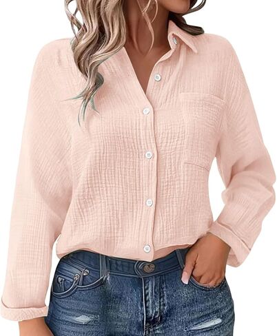 JOFOW Women's Linen Shirts Summer Cotton Linen V Neck Long Sleeve Loose Fit Gauze Button Down Shirt in Saudi Arabia