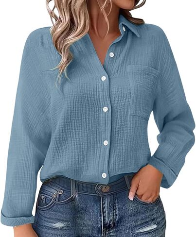 JOFOW Women's Linen Shirts Summer Cotton Linen V Neck Long Sleeve Loose Fit Gauze Button Down Shirt in Saudi Arabia