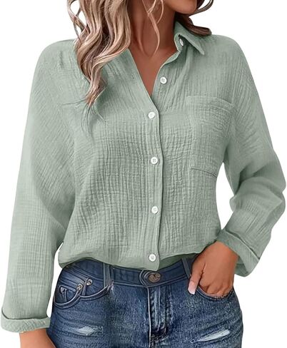 JOFOW Women's Linen Shirts Summer Cotton Linen V Neck Long Sleeve Loose Fit Gauze Button Down Shirt in Saudi Arabia