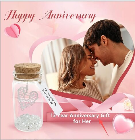 هدية من الدانتيل للذكرى السنوية الثالثة عشرة للزفاف، قلب من الدانتيل في زجاجة تذكارية زجاجية صغيرة، مع علامة رسالة "13 عامًا لأسفل، إلى الأبد"، للزوج والزوجة له ​​أو لها in Kuwait