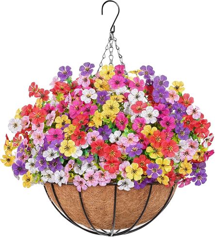 Lifewit 12 Bundles Artificial Hanging Daisy Flowers Baskets for Outdoor Decor, Plastic Fake Flowers for Indoor Garden Porch Patio Balcony, Mix for Fuchsia Purple Yellow Red in Kuwait