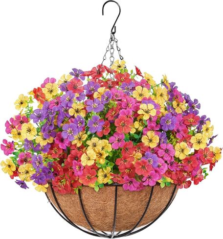 Lifewit 12 Bundles Artificial Hanging Daisy Flowers Baskets for Outdoor Decor, Plastic Fake Flowers for Indoor Garden Porch Patio Balcony, Mix for Fuchsia Purple Yellow Red in Saudi Arabia