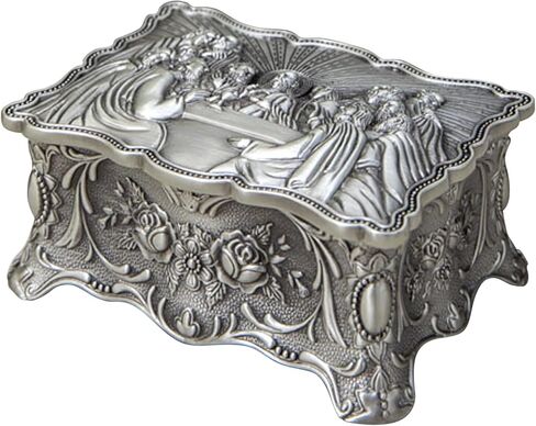 هدايا كاثوليكية فضية عتيقة، صندوق مجوهرات سطح المكتب للعشاء الأخير للنساء، تخزين تذكار مسبحة دينية، هدية مستوحاة من الإيمان المزخرف in Kuwait