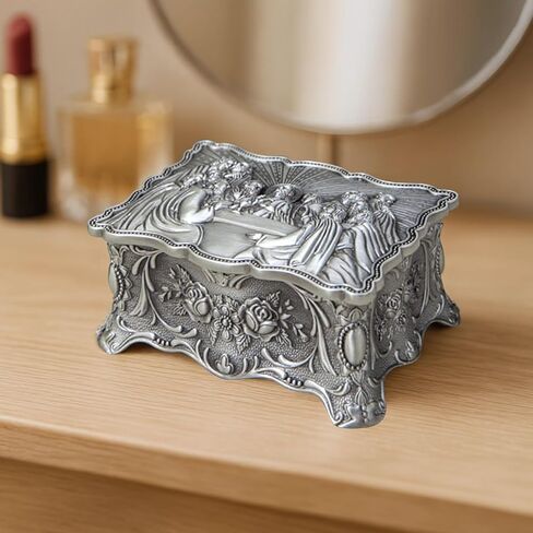 هدايا كاثوليكية فضية عتيقة، صندوق مجوهرات سطح المكتب للعشاء الأخير للنساء، تخزين تذكار مسبحة دينية، هدية مستوحاة من الإيمان المزخرف in Kuwait