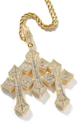 Luxury Crystal Cross Pendant Necklace with Rope Chain, Baguette Cut CZ Diamonds, Silver, Rose Gold, Gold Plated in Saudi Arabia