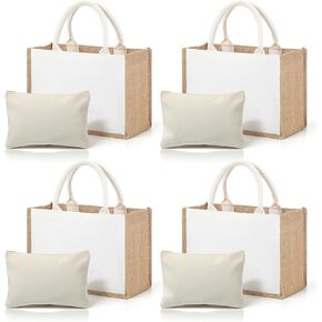 4 Set Burlap Tote Bag, Jute Tote Bag with Canvas Makeup Pouch Burlap Gift Bags with Handles Reusable DIY Craft Blank Gift Bages Blank Canvas Grocery Bags for Bridesmaid, Shopping, Pool, Wedding in Kuwait