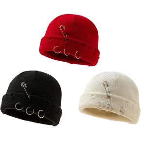 3 Pcs Distressed Beanie with Iron Ring Hip-hop Knitted Ripped Hat Punk Grunge Accessories in Kuwait