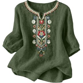 بلوزات مطرزة للنساء 3/4 كم بوهو قطن قمصان كتان فضفاضة متأنق بلوزات شاش بلوزات بوهيمية غير رسمية in Kuwait
