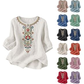 Embroidered Tops for Women 3/4 Sleeve Boho Cotton Linen Shirts Loose Dressy Gauze Blouses Casual Bohemian Tops in Kuwait