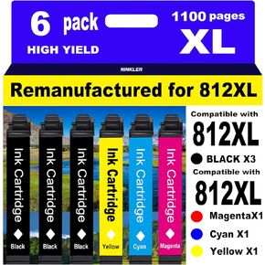 لـ 812XL المُعاد تصنيعها لخراطيش حبر Epson 812XL حزمة كومبو 812 XL لطابعة Workforce Pro WF-7840 WF-7820 WF-7310 EC-C7000، 6 عبوات 3 أسود 1 سماوي 1 أرجواني 1 أصفر in Kuwait