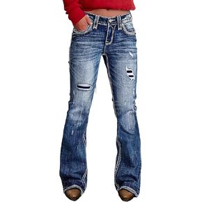 Flamingals Distressed Bootcut Jeans for Women Mid Rise Vintage Ripped Stretchy Cut Out Washed Flared Denim Jeans in Kuwait