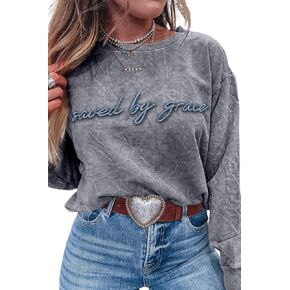 LALAGEN Womens Fall Loose Sweatshirt Saved by Grace Embroidery Mineral Wash Casual Tops in Kuwait
