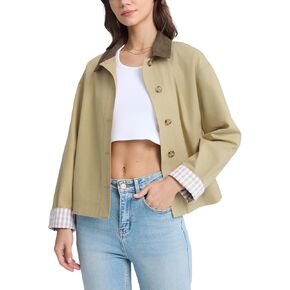 D-Sun Cropped Jacket Contrast Collar Barn Coat Utility Short Trench Coat Button Front Casual Lined Outwear with Pockets in Kuwait