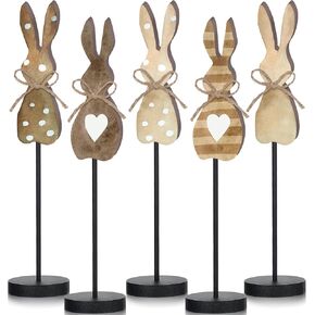 5 Pieces Easter Table Decorations Wooden Bunny Table Sign Vintage Rabbit Tall Standing Tabletop Decor Rustic Easter Block Centerpiece for Spring Party Farmhouse Freestanding Home Office in Kuwait
