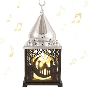 11.4" Metal Ramadan Lantern Lights with Music, Silver Black Mosque Moon Lamp Decorative Candle Holder Table Centerpieces Decor, Eid Mubarak Decorations for Home Mantel, Islamic Muslim Gift in Saudi Arabia